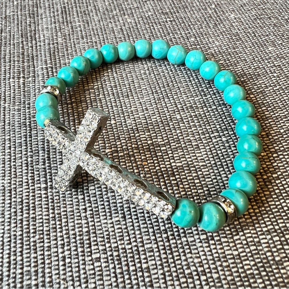 Turquoise Beaded Bracelet with Dramatic Silver Rhinestone Cross Center